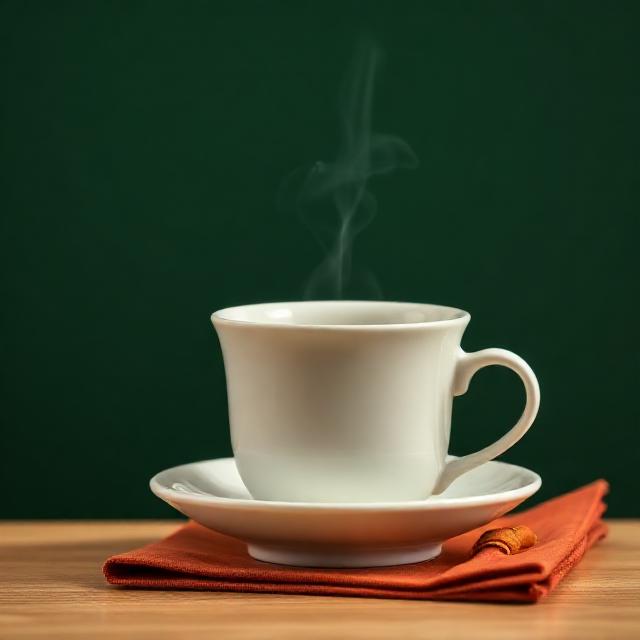 Ceramic tea cup with steam on warm cream surface, deep green backdrop and terracotta napkin accent
